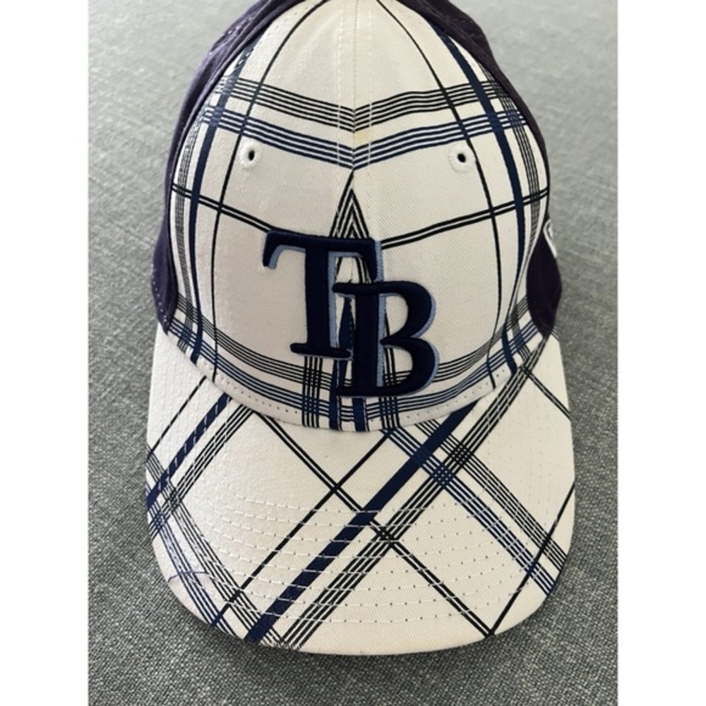 New Era 39THIRTY Tampa Bay Rays MLB Plaid Stretch Fit Hat‎ Navy White Med-Large